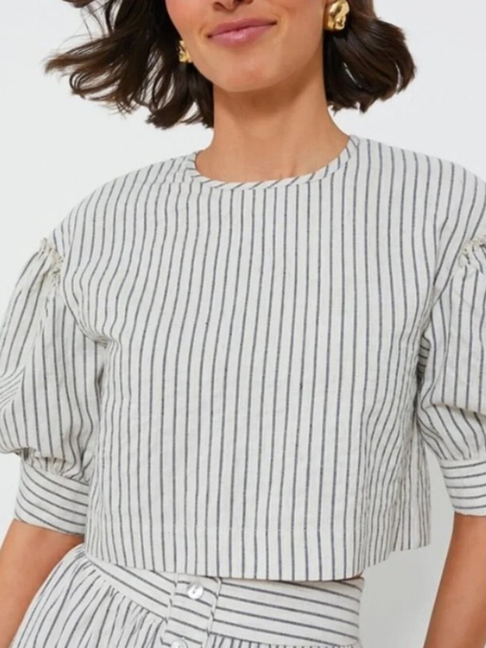 NWT Tuckernuck Blue Linen Stripe Edie Top Boxy Cropped Nautical Womens Size L